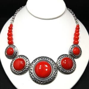 Red Gemstone Choker Necklace, Silver Tone, 1990s, 21 Inches